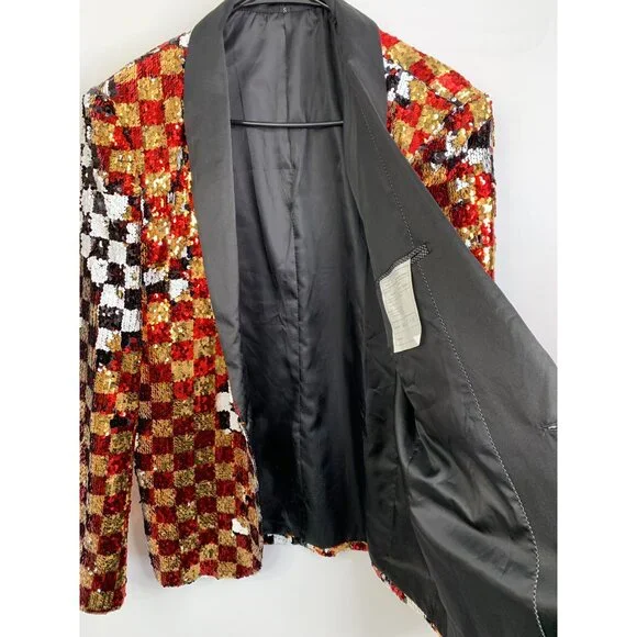 S Mens Sequin Checkered Blazer Tux Jacket Satin Lapel By Doohoob London Design